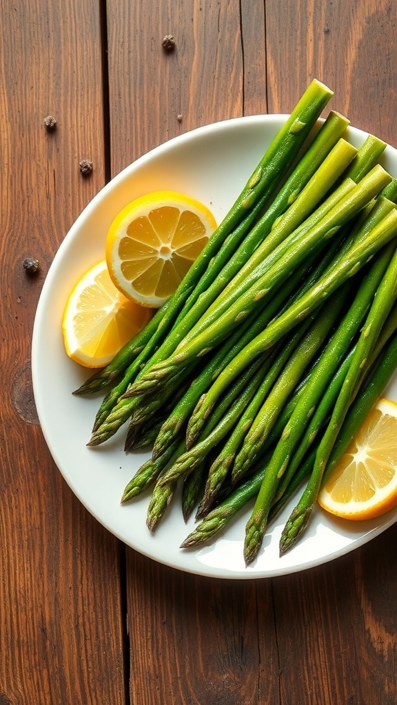 A plate of air-fried asparagus spears garnished with lemon wedges.